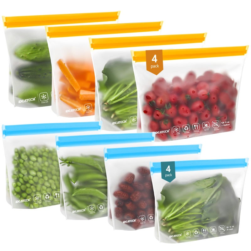 IDEATECH 8Pack Gallon Bags Dishwasher Safe, Leakproof Reusable Gallon Freezer Bags, BPA Free Reusable Gallon Bags, Food Storage Bags for Meats, Sandwich, Travel (8Gallon, Colored) - Image 1